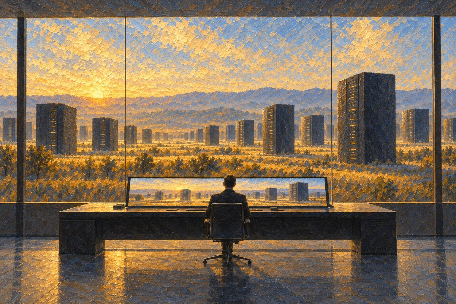 An operator at one long console before a wall-sized window, rows of dark machine blocks across the plain outside