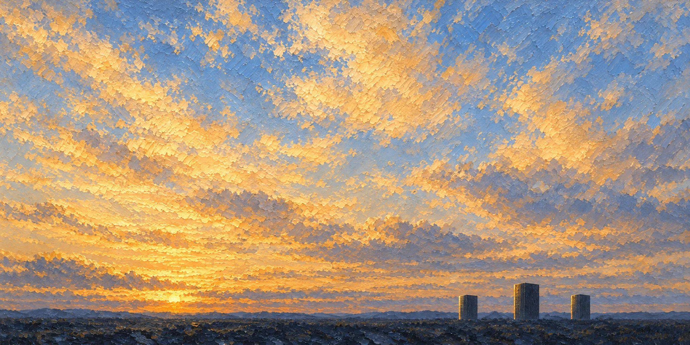 A painting of a vast golden-hour sky over a very low horizon, three small dark machines standing in silhouette along the land at the bottom