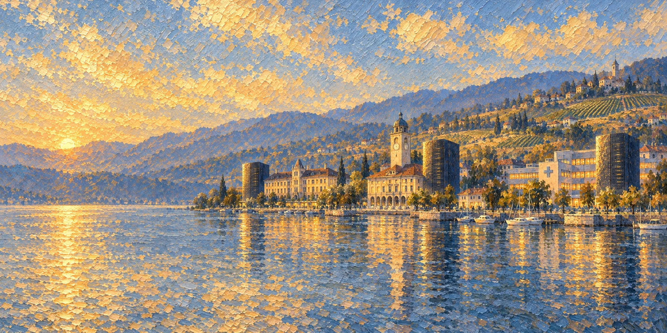 A painting of a lakeside town at golden hour, a town hall, a university and a hospital each with a dark machine block beside it