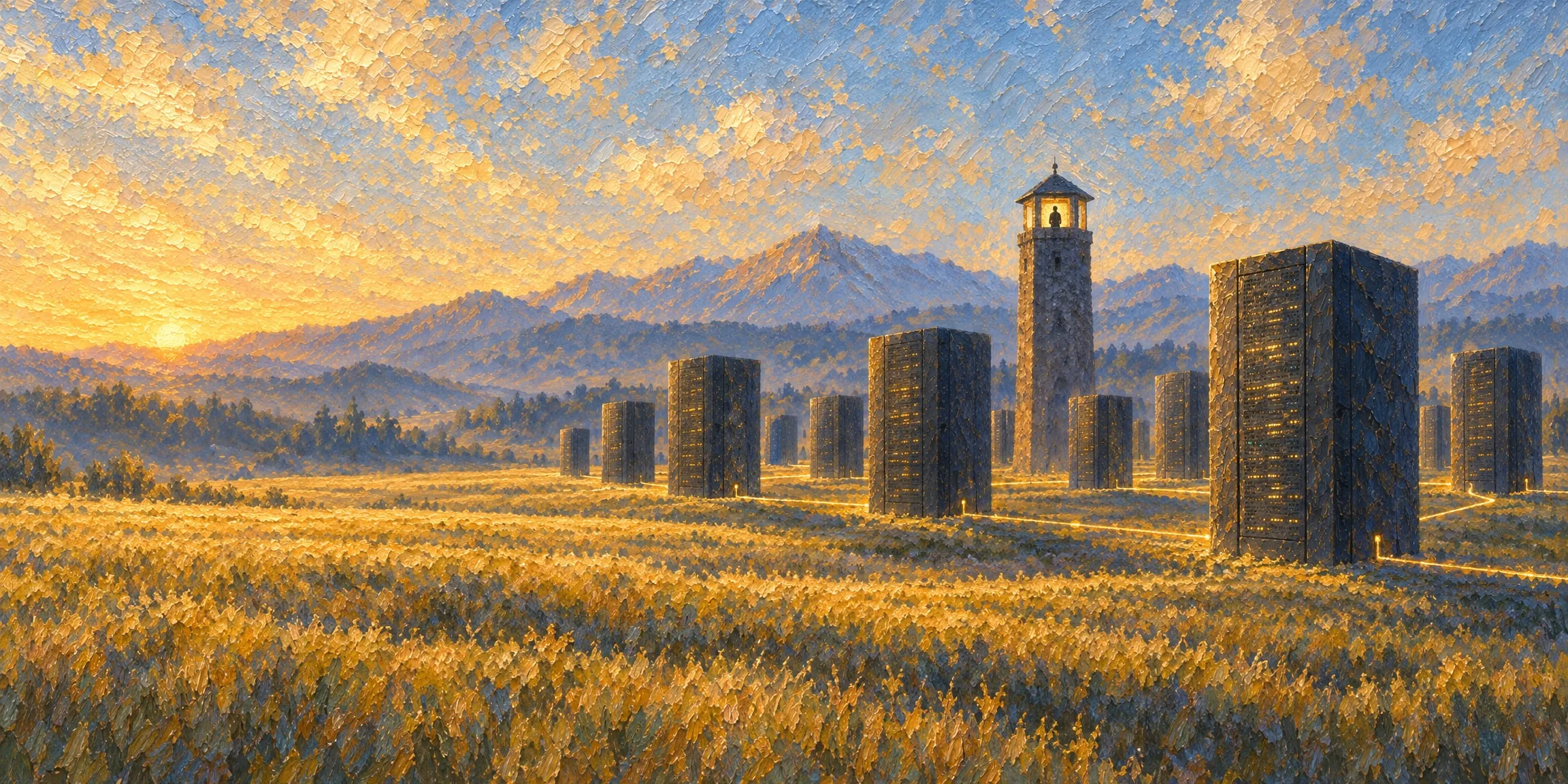 A painting of dark machine blocks on a golden plain at dusk, joined by lines of light, watched over by a stone tower