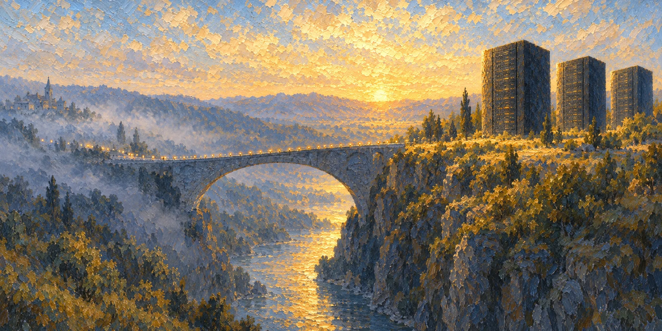 A painting of a stone bridge crossing a misty gorge at golden hour, a stream of lights travelling toward three dark machine blocks