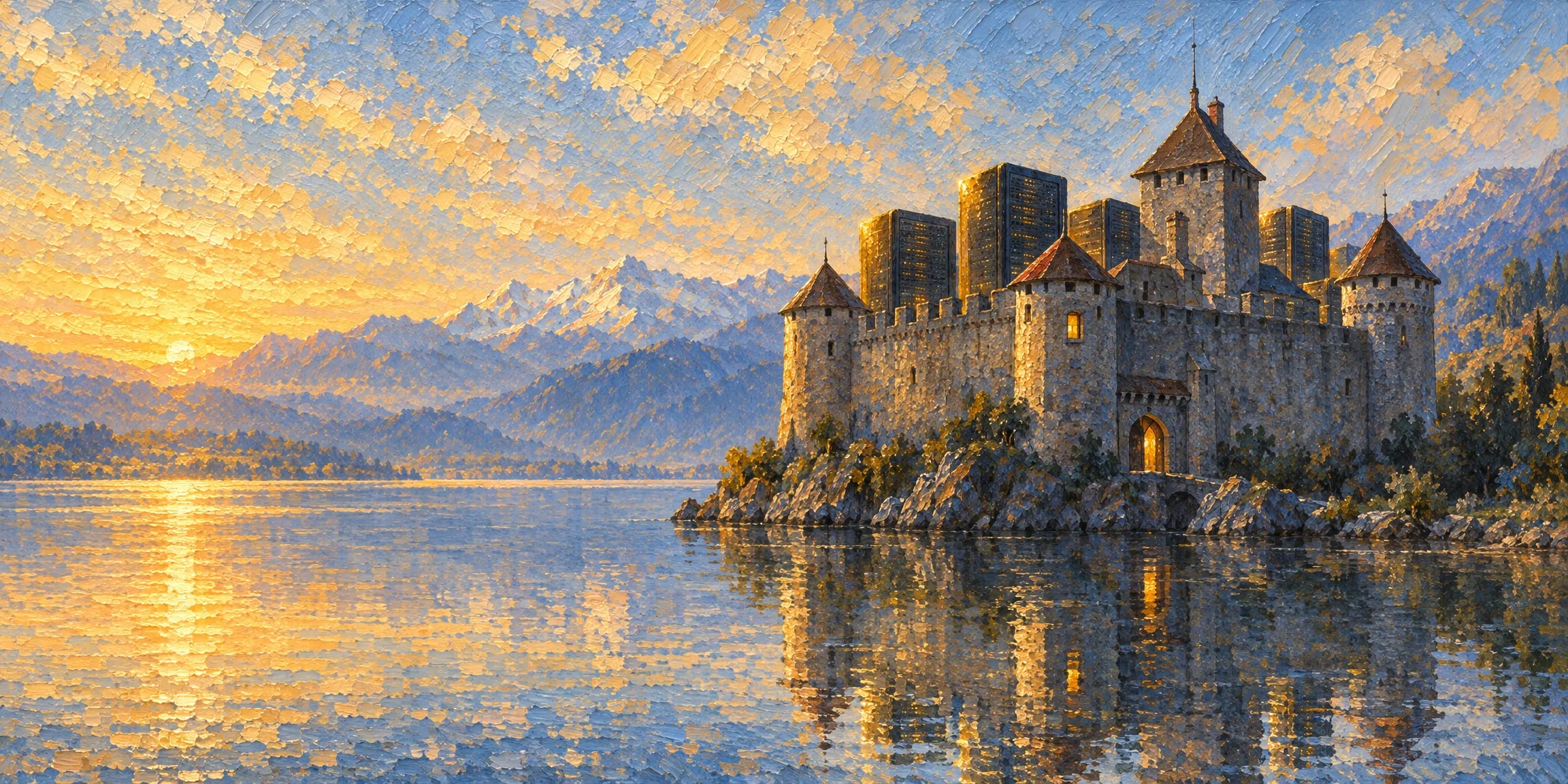 An impressionist painting of a castle on Lake Geneva at sunset, the Alps behind it.