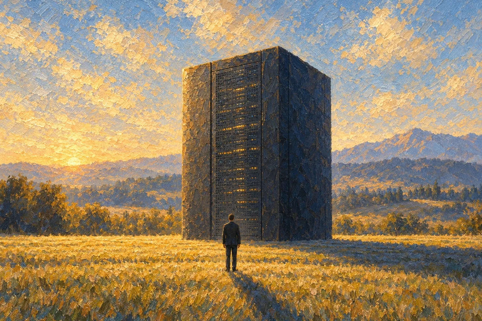 A monolithic dark block the size of a house standing alone in a golden field, one small figure before it for scale