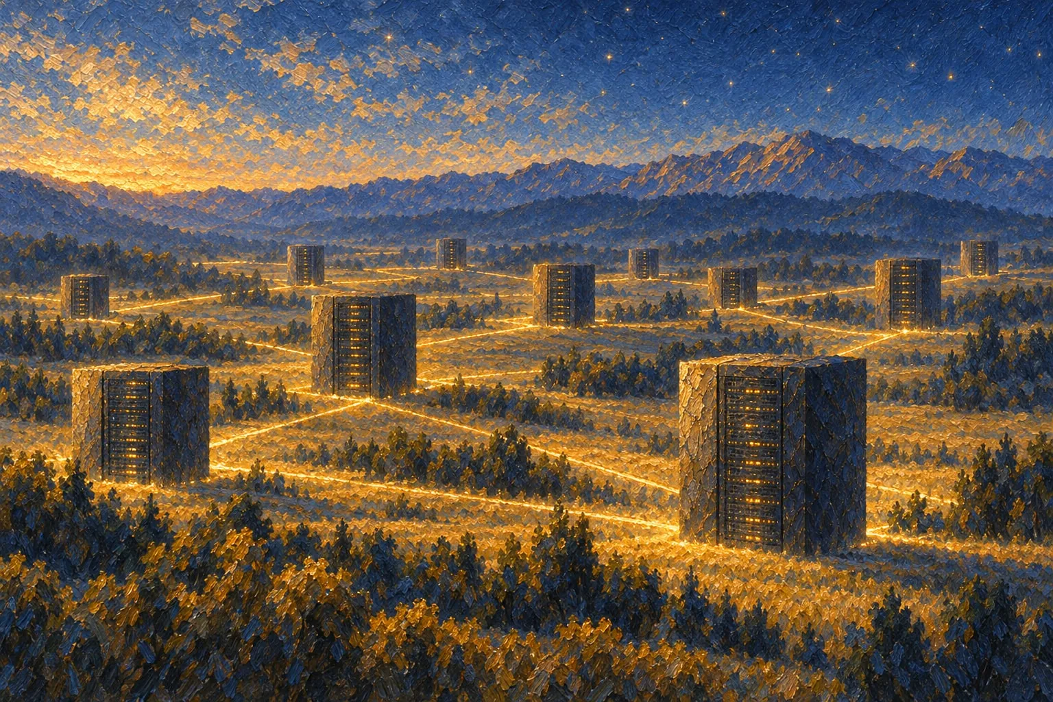 A dozen dark machine blocks across a valley at blue hour, joined by thin lines of golden light