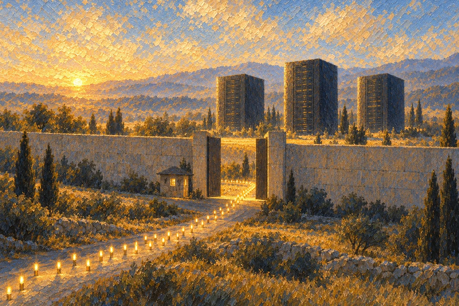 A stream of small lights passing through the one open gate in a high stone wall, dark machine blocks calm beyond it